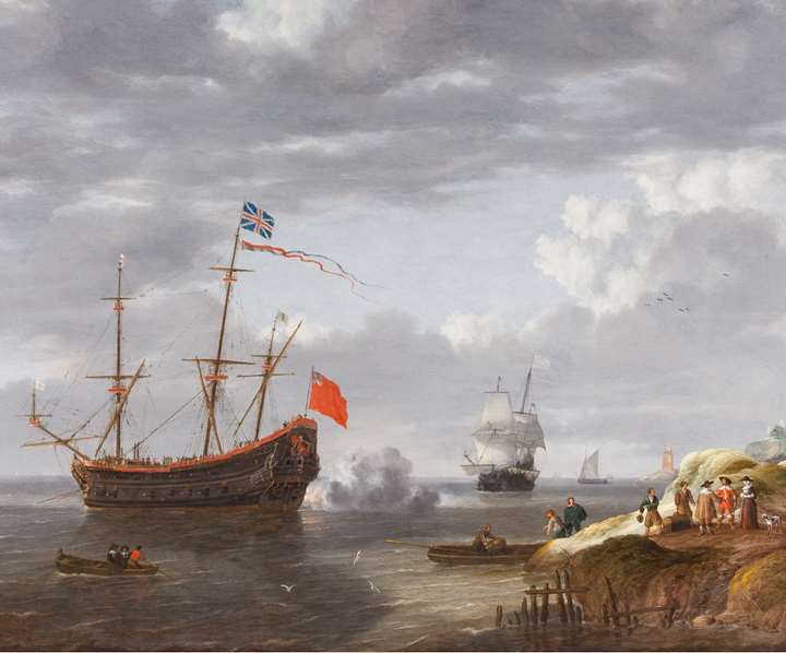 A Ship firing a Salute close to the Shore.